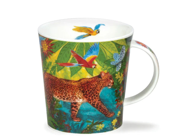 This Dunoon fine bone china mug transports you to a vibrant tropical paradise, adorned with leopards, toucans, macaws, & colourful flowers. Inside, a macaw graces the rim, while the handle seamlessly extends the lively pattern from the mug's exterior.