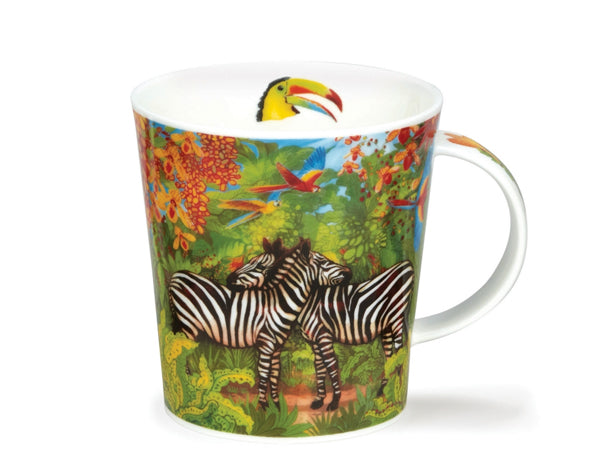 This Dunoon fine bone china mug transports you to a vibrant tropical paradise, adorned with zebras, toucans, macaws, & colourful flowers. Inside, a toucan graces the rim, while the handle seamlessly extends the lively pattern from the mug's exterior.