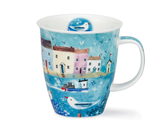 Immerse yourself in coastal charm with Dunoon's meticulously crafted fine bone china mug. Vibrant nautical-themed illustrations depict hardworking fishing boats navigating sparkling waves, set against a colourful village backdrop, with watchful seagulls overhead. Inside, a serene seagull rests, while the handle seamlessly continues the pattern from the mug's exterior.