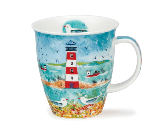 A finely crafted fine bone china mug by Dunoon, adorned with captivating nautical-themed illustrations. The mug showcases vibrant depictions of red &  white striped lighthouses standing sentinel along the coastline, while fishing boats traverse the estuary amidst sandy beaches adorned with colourful flowers, all under the watchful eye of friendly seagulls. Inside the mug's rim, a seagull rests, while the handle continues the pattern seamlessly from the mug's exterior.