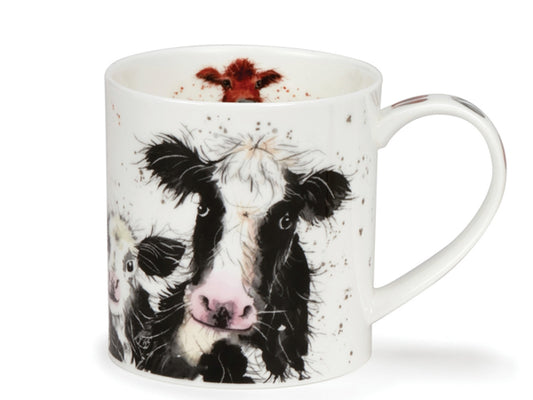A fine bone china mug crafted by Dunoon featuring cow illustrations. The mug shows an drawing of a black & white cow & her calf, with a curious brown cow looking on from the other side. The handle features prints of cows hooves.