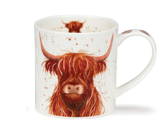 A fine bone china mug crafted by Dunoon featuring highland cow illustrations. On one side, a fuzzy highland cow peaks through her shaggy fringe, while on the other, a serene highland cow keeps watch over her adorable calf. The handle features prints of cows hooves.