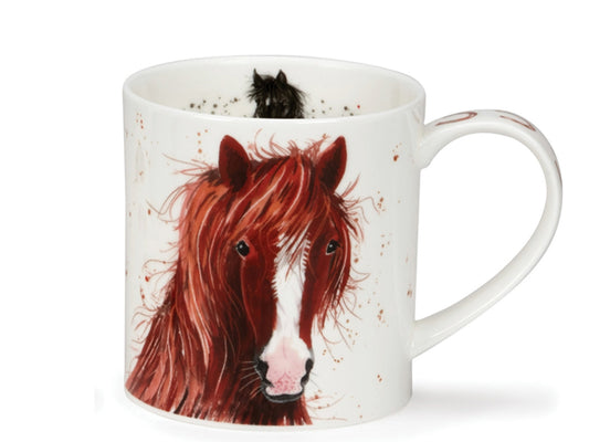 A fine bone china mug crafted by Dunoon, featuring an illustration of a brown & white horse with flowing mane against a backdrop of white with brown speckles. On the reverse side, a black & white horse stands protectively over a brown & white foal. Inside the rim of the mug, the head of the adult brown & white horse is depicted, while the handle continues the theme with a line of descending brown horseshoes.
