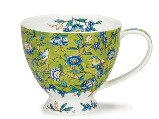 A fine bone china teacup by Dunoon, showcasing an exquisite design of exotic birds & vibrant blue flowers against a mottled green backdrop. The illustration is rendered in shades of cyan & jade, with intricate details that enchant the eye. Inside the cup, a delicate branch blooms with the same blue blossoms seen on the exterior, adding a charming touch of continuity to the design.