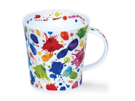 A white fine bone china mug with colourful paint splashes across the outside