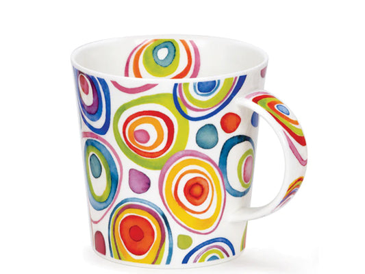 Dunoon Lomond Shape fine bone china mug with bright circles in bright colours illustrated on it