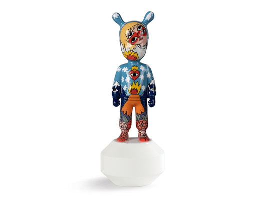 A porcelain humanoid figure on a geometric base with a blue and orange art pattern on the person