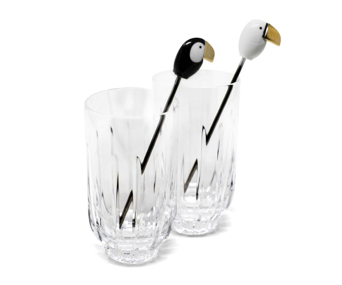 Lladro Crystal Toucan Highball Glass & Stirrer - Pair