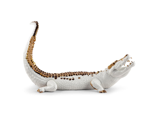 Lladro Crocodile Figurine - White & Copper