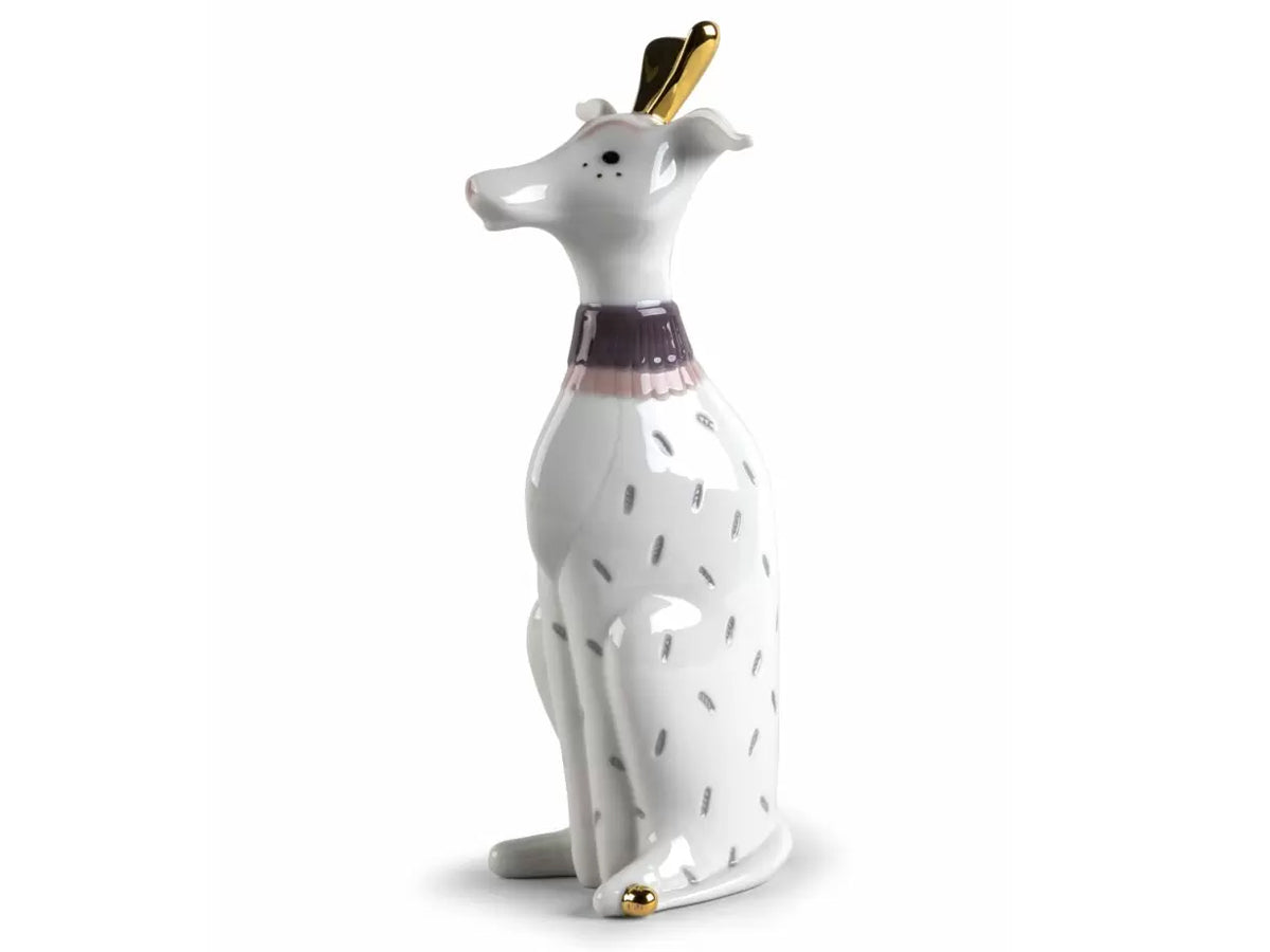A white figure of an abstract dog with a gold fan on his head, decorated with pastel shapes.