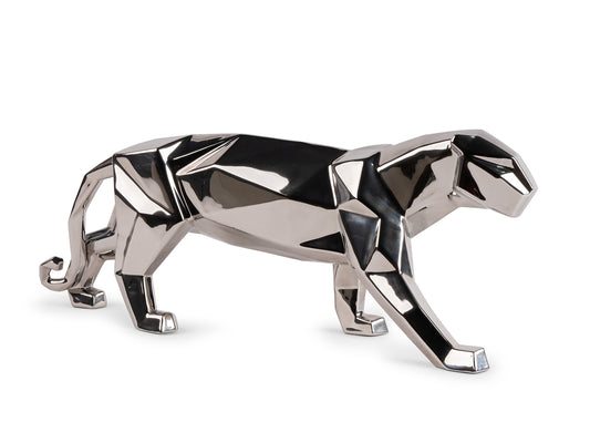 A panther sculpture in a metallic silver glaze, made up of geometric shapes to resemble an origami figure