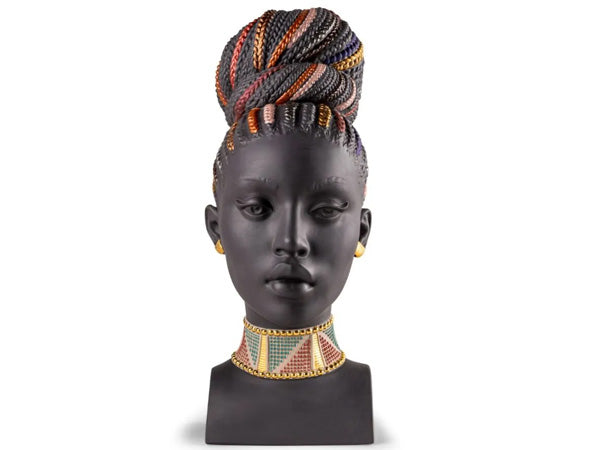matte black porcelain, this elegant woman's bust draws its inspiration from the vibrant symbolism and rich hues of African culture.