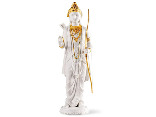 Rama and Sita, central figures in the timeless love tale found within the epic saga of Ramayana, are immortalized through this exquisite artwork. Rama, a symbol of purity and devotion, is masterfully depicted in a pristine matte white porcelain rendition, 