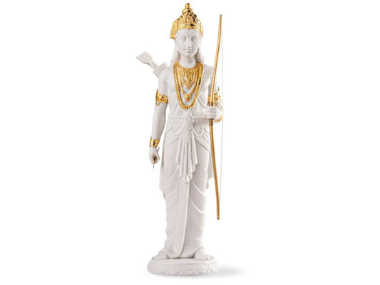 Lakshman, the revered Hindu prince celebrated for his unwavering commitment to truth and justice, plays a pivotal role alongside his brother Rama, Sita, and Hanuman as one of the four integral figures in the Rama Darbar, epitomizing the ideal of a harmonious family. In this remarkable matte white porcelain creation, Lakshman, embodying the divine embodiment of duty and sacrifice
