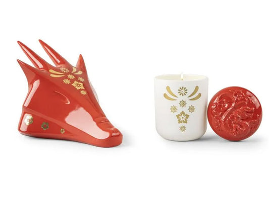 Our skilled artists have meticulously crafted a sculptural representation of this zodiac sign, blending contemporary design with traditional colors such as red and gold. The dragon's head and the candle's holder in this package feature an exclusive golden motif. This limited edition set not only serves as a decorative piece but also contains a home fragrance with the delightful scent of the Gardens of Valencia.