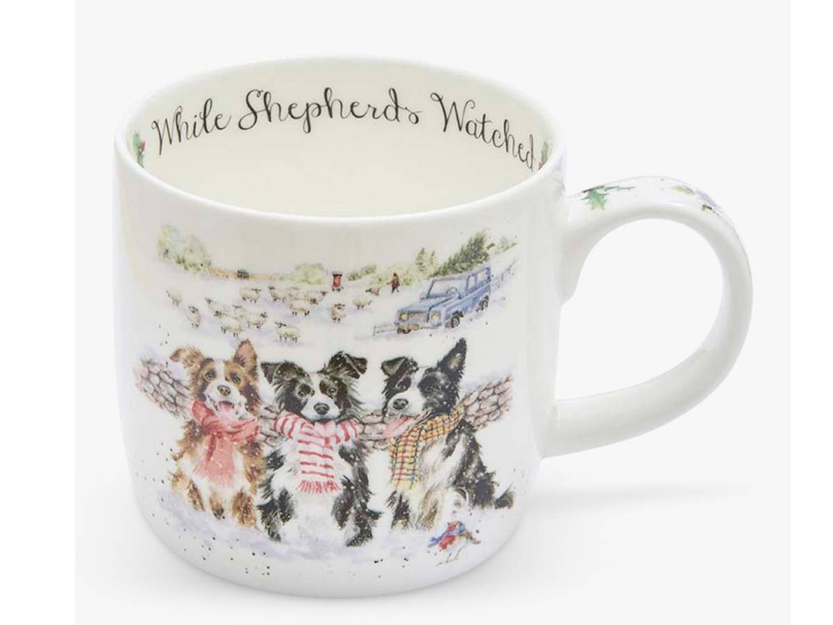 wrendalle christmas mug 3 dogs with winter scarfs sitting outside in a snowy scene
