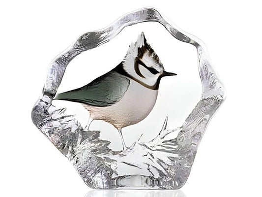 A crystal sculpture with a painted crested tit bird in the centre.