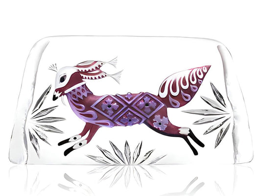 A crystal sculpture of a painted fox, inspired by Nordic folklore. The fox is painted in hues of deep purples and burgundy, with patches of white and black.