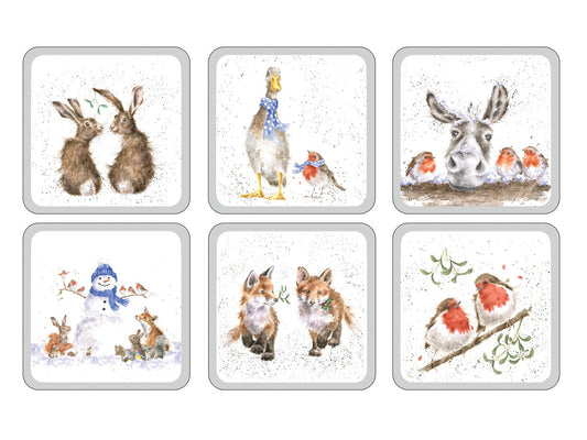 A set of six coasters with white backgrounds and light green edges, each with a different animal design that has a festive spin