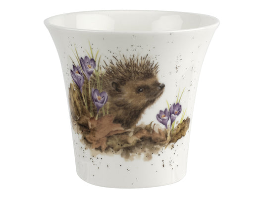 A white porcelain herb pot with a picture of a hedgehog amongst purple crocuses on the front