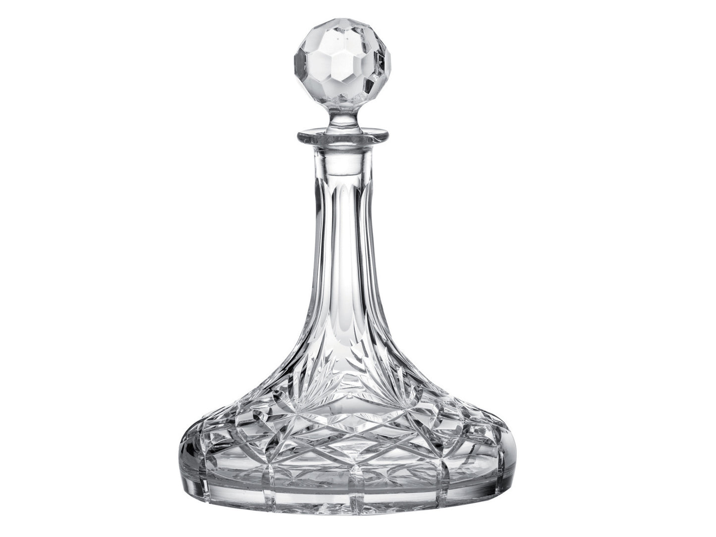 A crystal decanter with a wide base and long slender neck, with a golf-ball style stopper. It is cut with an intricate pattern that has diamonds around the outside of the base, moving into seven-pointed fans pointing towards the neck.