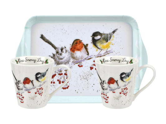 A white melamine tray with a light blue edge with two small white mugs, all featuring a design with a wren, robin and tit perched on a snowy branch