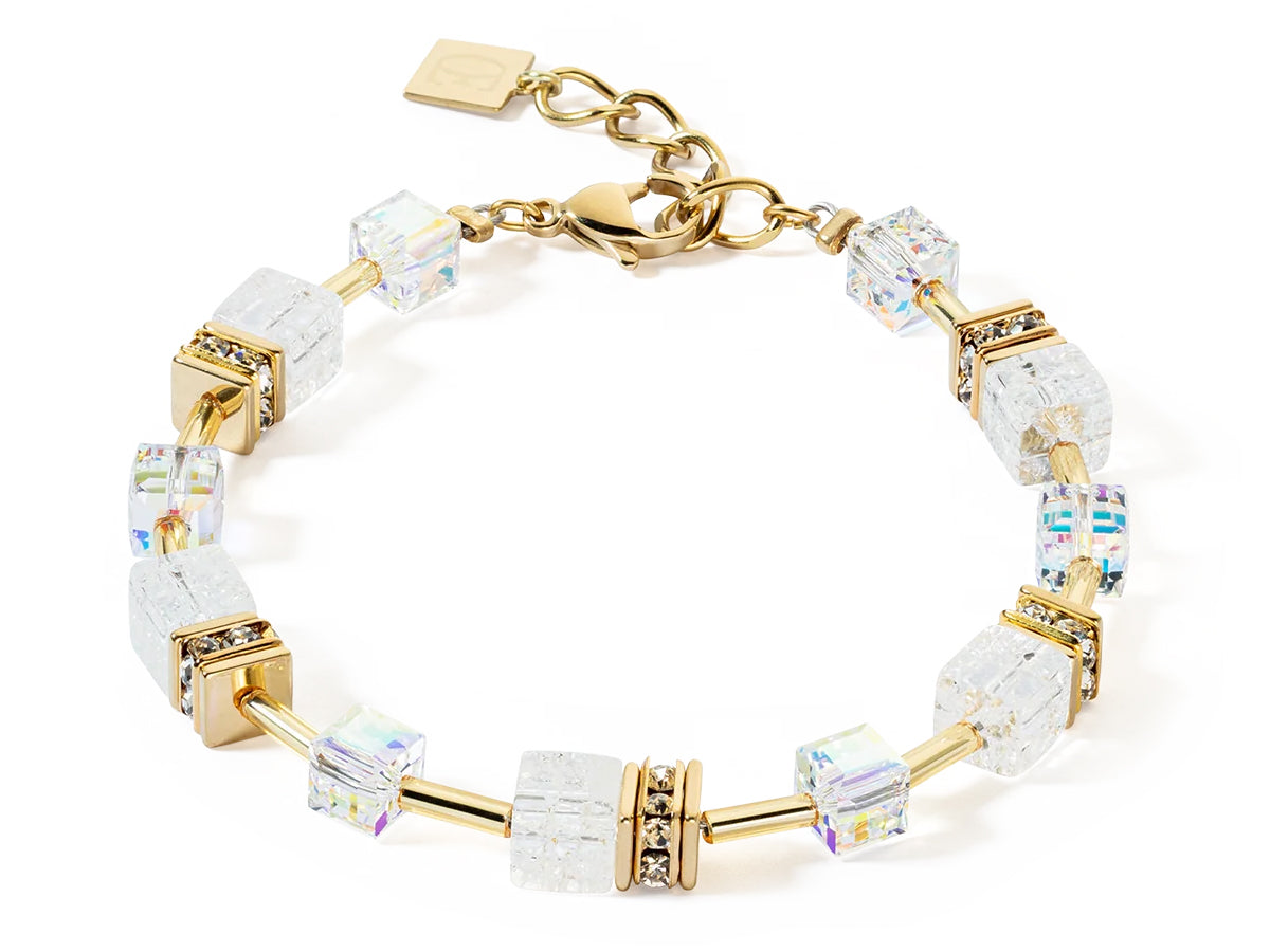 GeoCUBE Iconic Nature bracelet in gold white with cracked rock crystal and Swarovski crystals
