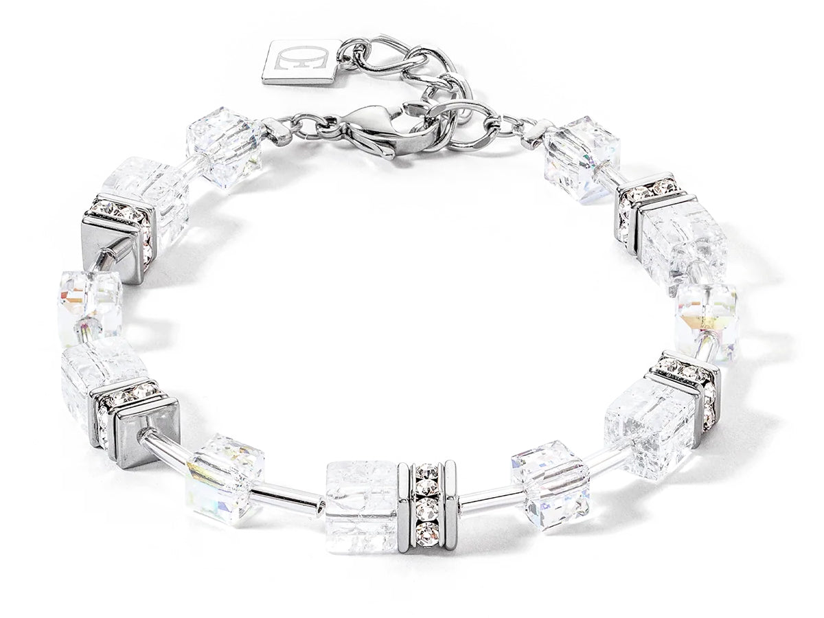 GeoCUBE Iconic Nature bracelet in silver white with cracked rock crystal and Swarovski crystals