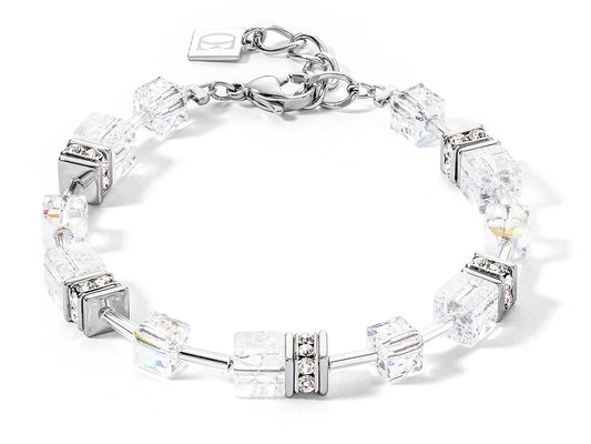 GeoCUBE Iconic Nature bracelet in silver white with cracked rock crystal and Swarovski crystals