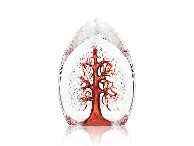 The Maleras Nordic Icon Yggdrasil Tree of Life Small Red is a clear crystal ornament with textured edges and a red tree design carved and painted into the back