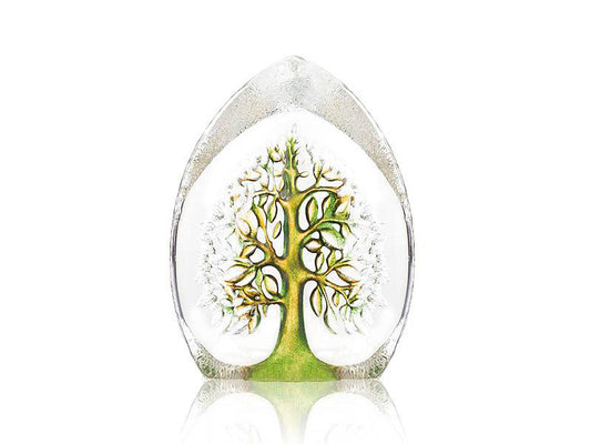 The Maleras Nordic Icon Yggdrasil Tree of Life - Small Green is a clear crystal ornament with a textured edge and a green tree design carved and painted