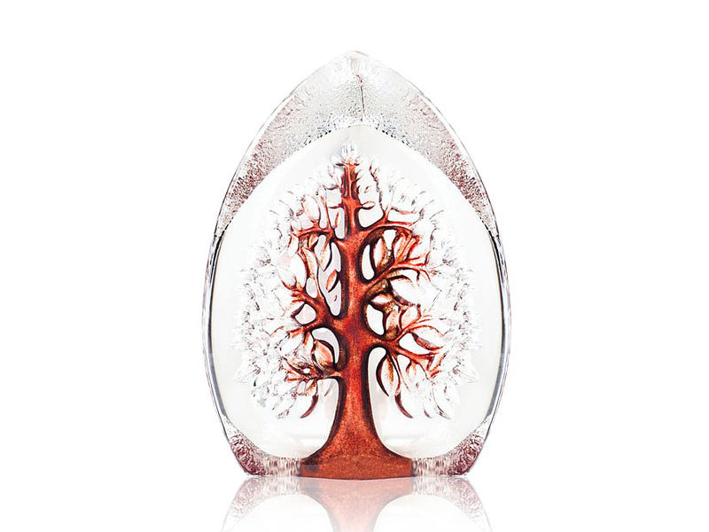 The Maleras Nordic Icon Yggdrasil Tree of Life - Large - Red is a clear crystal ornament with a textured edge and a large red tree design on the rear, seemingly suspended in the crystal
