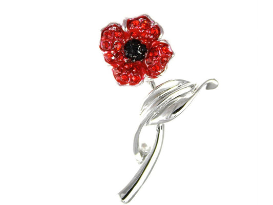 This delicate four petal poppy brooch is embellished with a red crystals, to be warn to commemorate those who have served in the armed forces