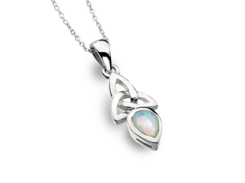 A silver necklace with a triskele knot and synthetic opal teardrop gem