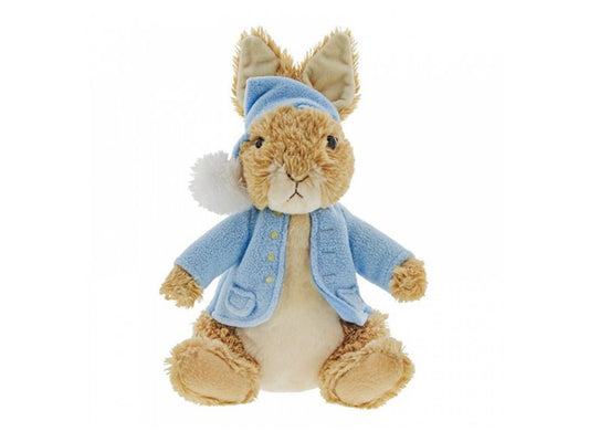 A charming image of a Beatrix Potter plush teddy featuring Peter Rabbit in bedtime attire. He wears his signature blue waistcoat and a matching floppy blue nightcap. With soft plush brown fur, his belly glows like a nightlight and pulses to a soothing lullaby.