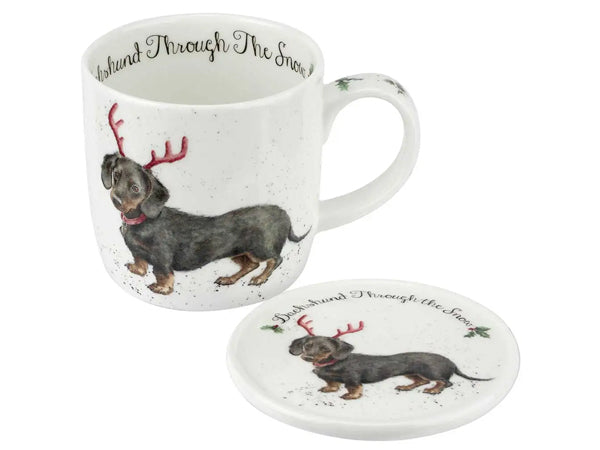 Mug and coaster set with dachshund design and text 'Washd Through The Snow'.
