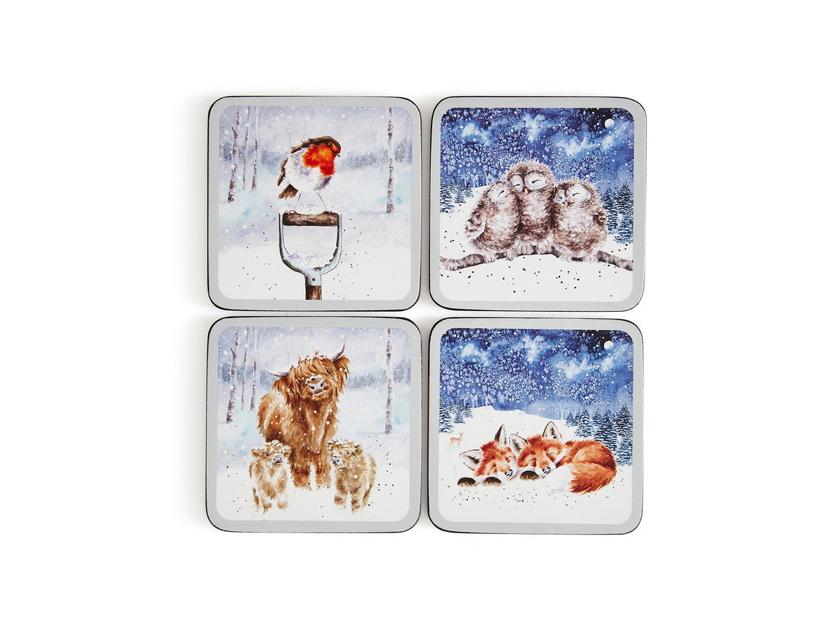 Four square Wrendale Winter Skies coasters with Highland cow, owl, fox and robin designs