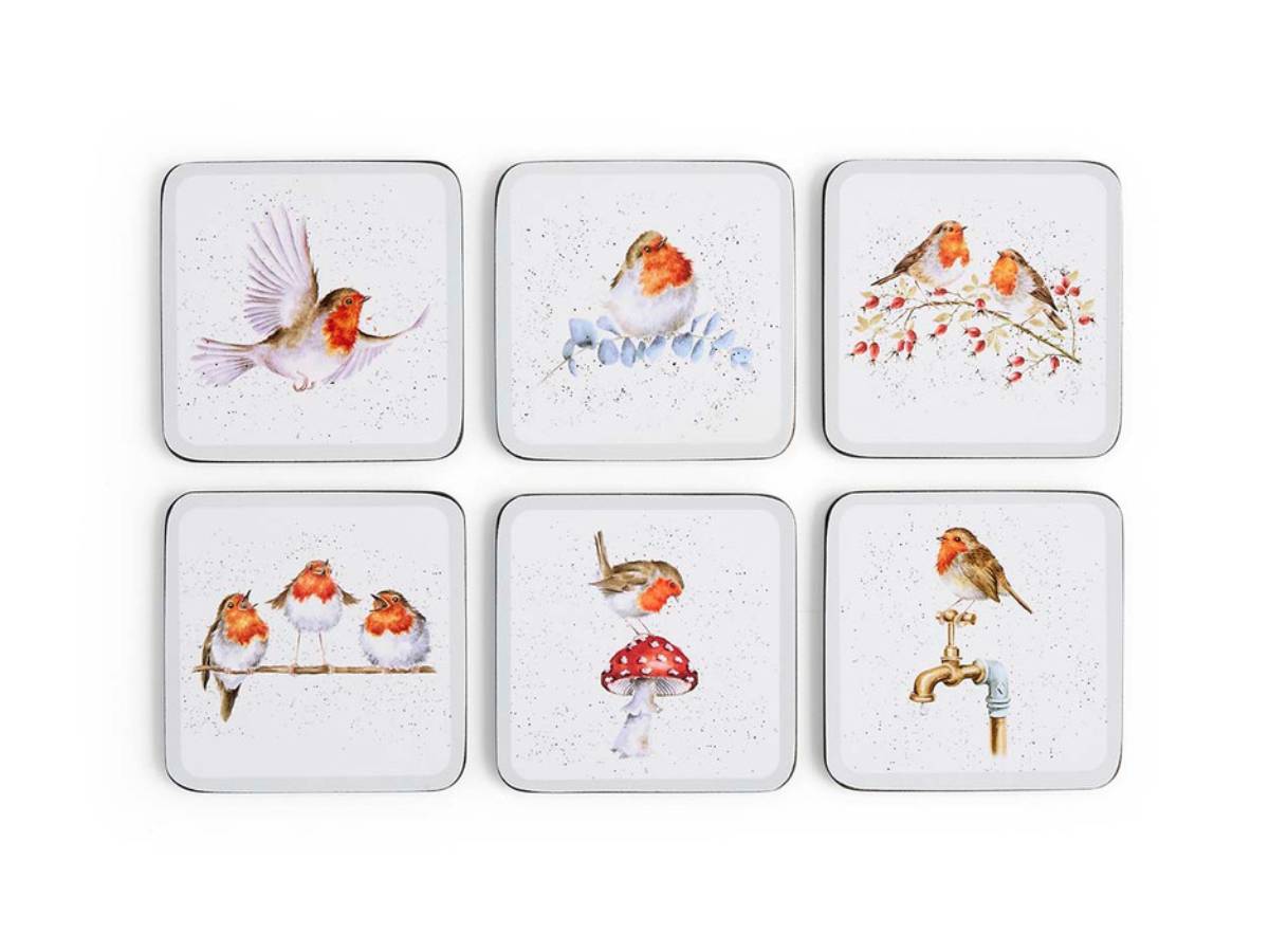 Six square ceramic coasters with rounded corners arranged in a 2x3 grid on a white background. Each coaster features a different watercolor-style robin and bird illustration on a white speckled surface.