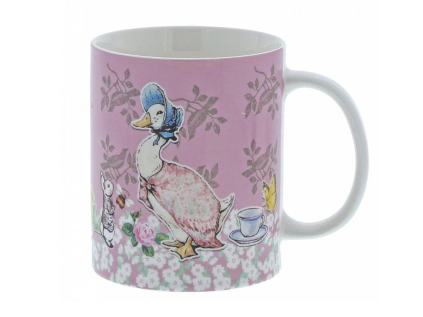A white ceramic mug with a pink floral transfer with a white duck on one side, wearing a pink shawl and blue bonnet.