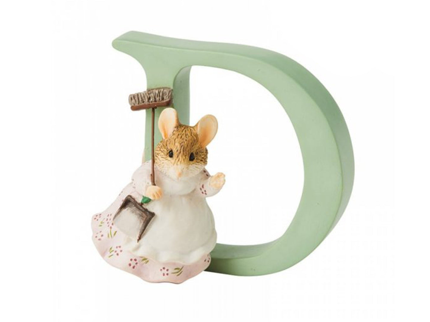 A light green letter D figure with a small mouse statue attached, wearing a lilac floral dress with a white apron, carrying a brown broom