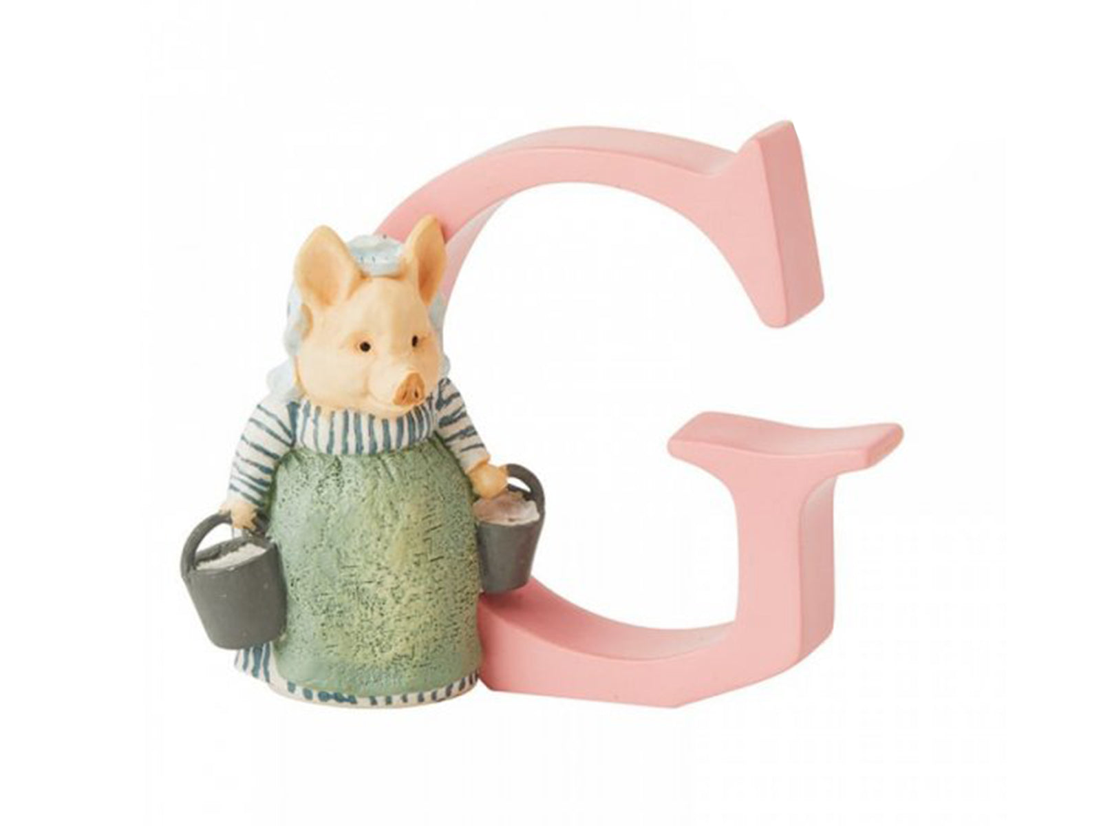 A pastel pink letter G with an old white pig wearing a blue and white striped dress, carrying a pail of milk and a basket
