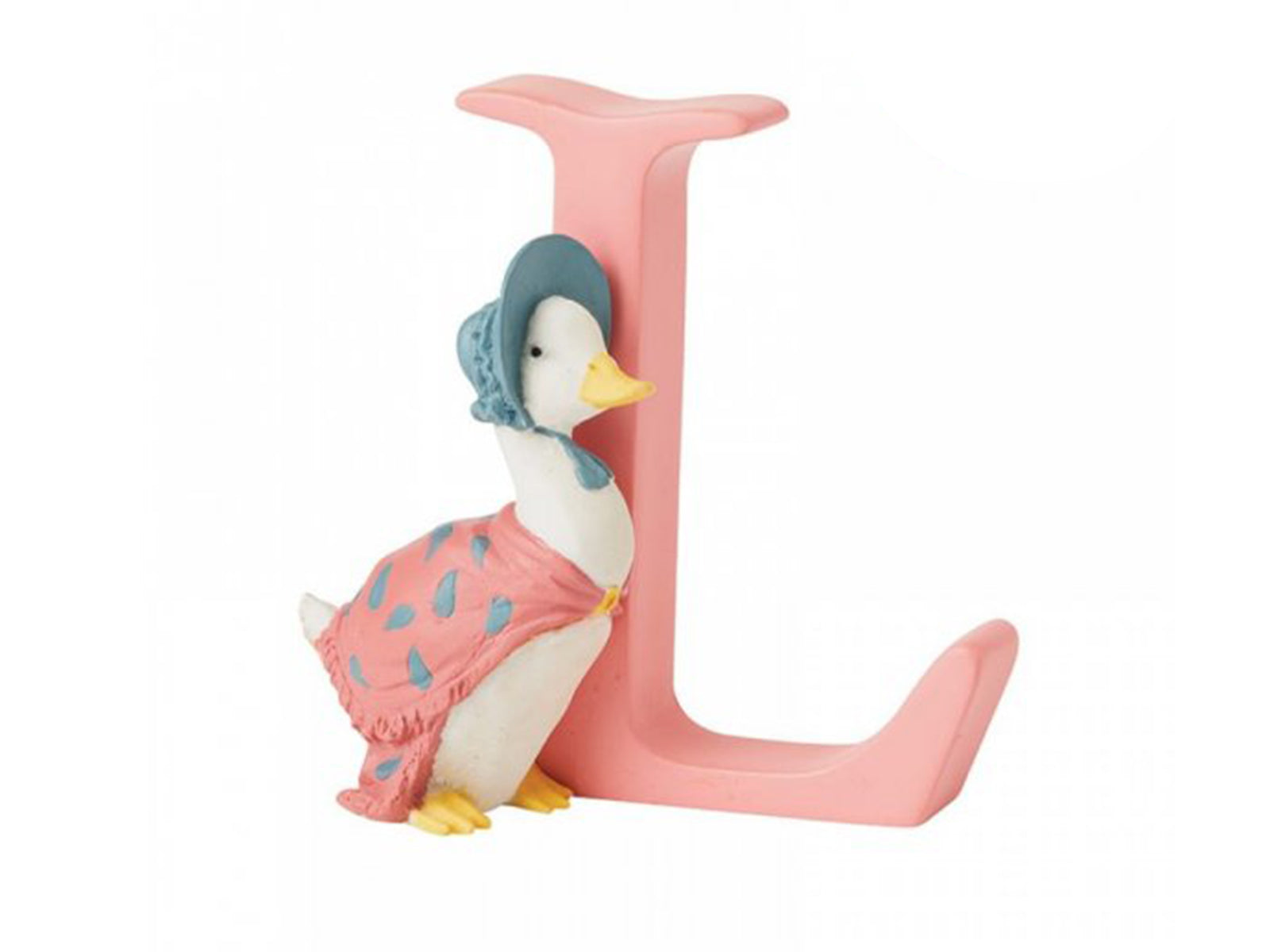 A capital letter L painted a pastel pink with a white duck next to it. The duck has yellow feet and a yellow beak, and is wearing a pink shawl with blue drops on it and a blue bonnet.