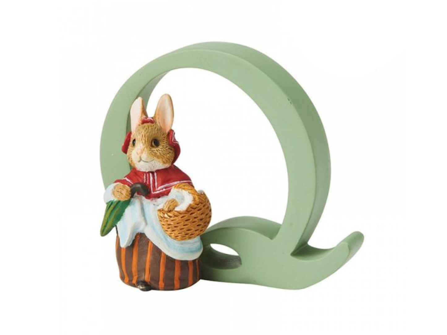 A sage green capital Q with a small brown bunny in front of it, dressed in a striped skirt, white blouse and red hooded shawl. She carries a folded green umbrella and a covered basket.