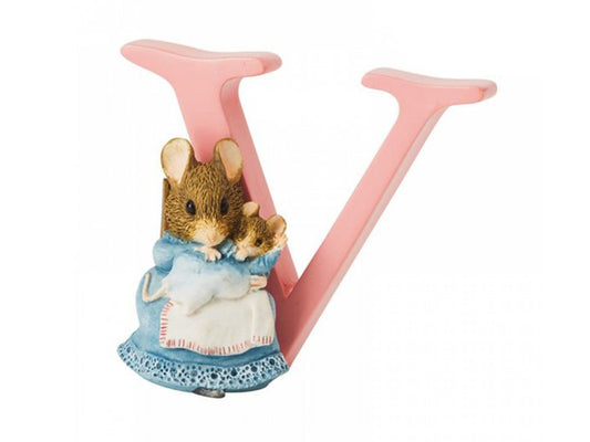 A pastel pink capital letter V with a brown mouse wearing a blue dress, holding a baby in a lighter blue dress and sitting in a chair