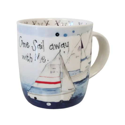 A vegan china mug featuring a watercolour illustration of two sail boats on blue water, black text reads 'Come Sail away with Me'. Inside the mugs rim is a line of illustrated anchors, whilst the handle features more imagery of the boats close up.