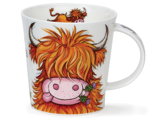 Dunoon Benmore Big Coos mug featuring a cartoon Highland cow illustration on a white background