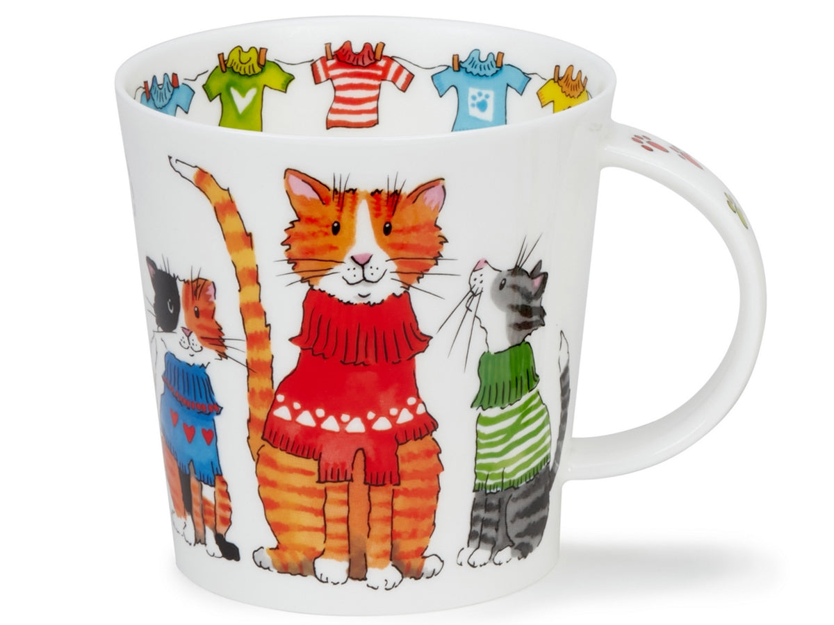 Dunoon Benmore Trendy Cats mug featuring illustrated cats in colourful jumpers on a white background