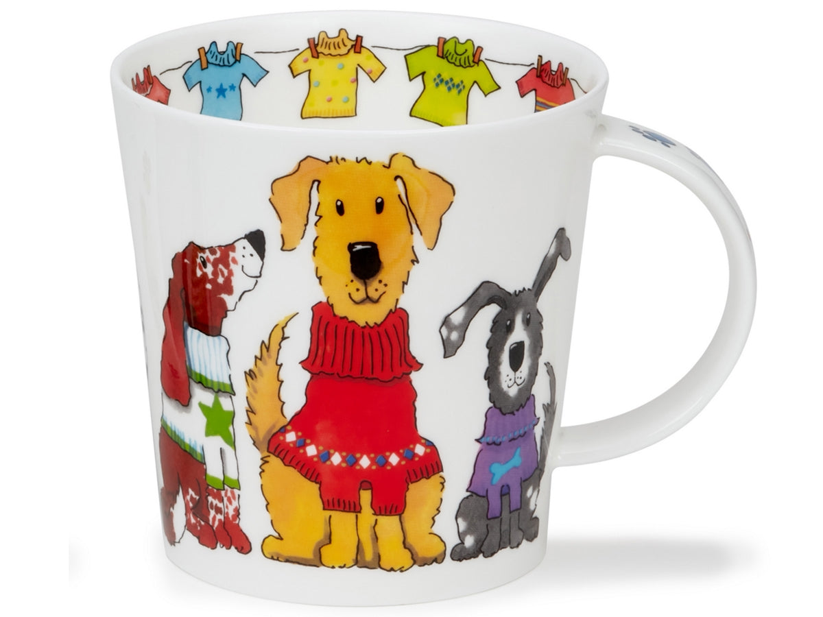 Dunoon Benmore Trendy Dogs mug featuring illustrated dogs in colourful jumpers on a white background