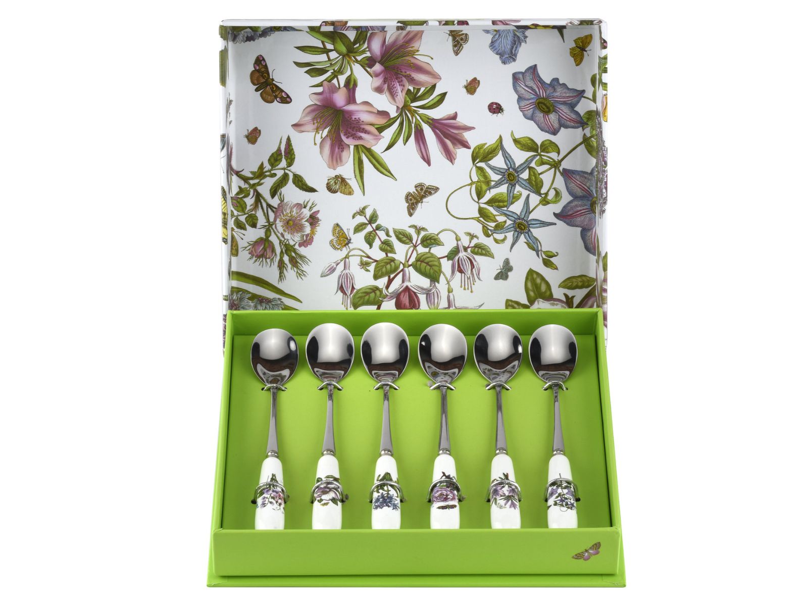 A set of six tea spoons with porcelain handles, each with a different pink or purple floral design on