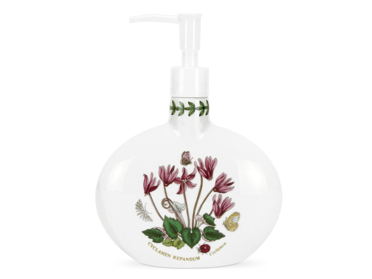 A white porcelain dispenser with an oval body and slim neck, featuring a laurel trim around the neck and a cyclamen design on the body. It has a white plastic pump.